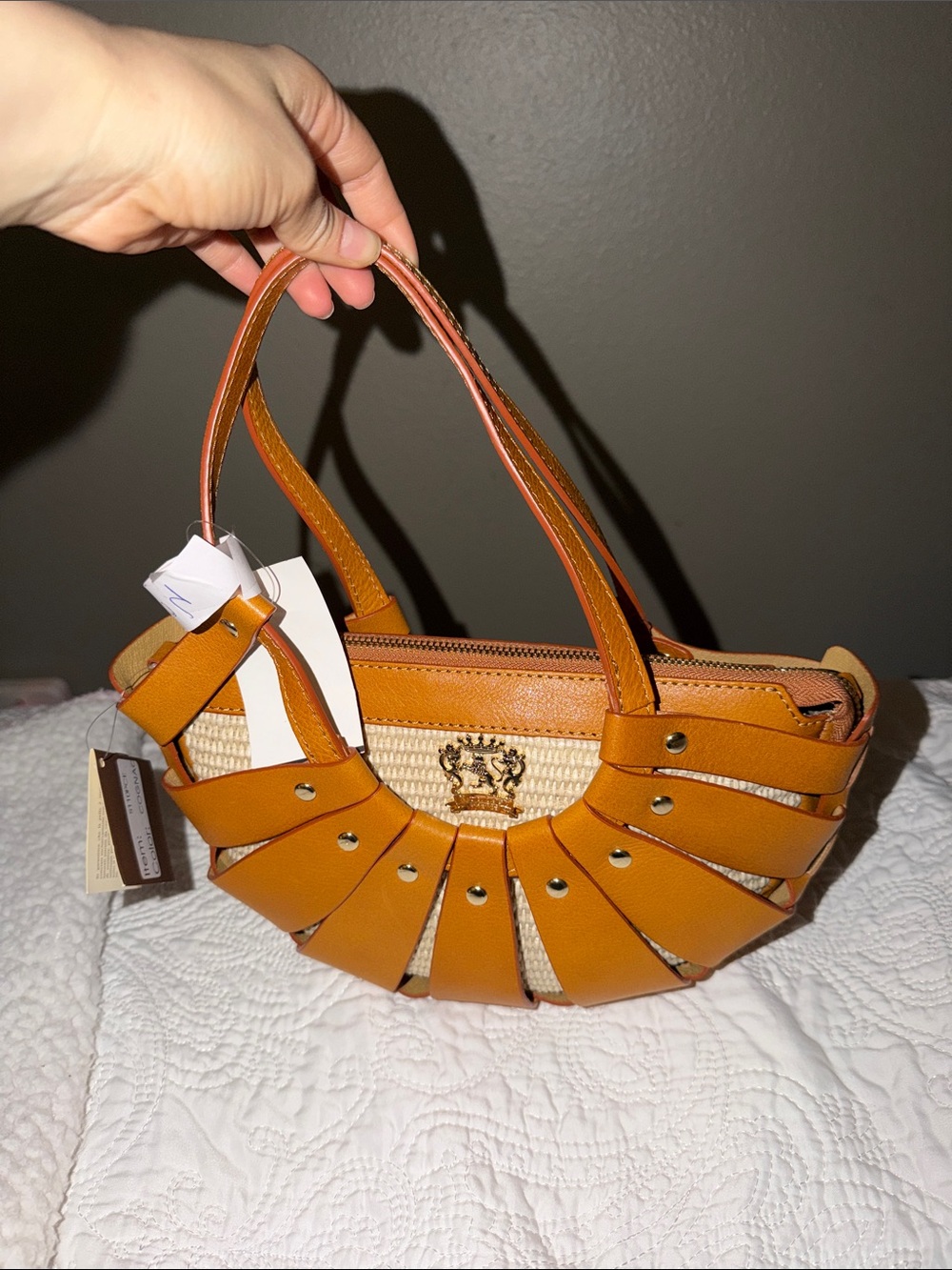 Structured Tan Mini Straw Shoulder Bag with Leather Accents